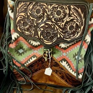 Leather Fringe with Aztec Print Backpack